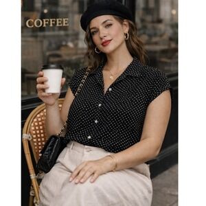 Jachs Girlfriend Micro Heart Button Up Blouse Parisian Chic Romantic L